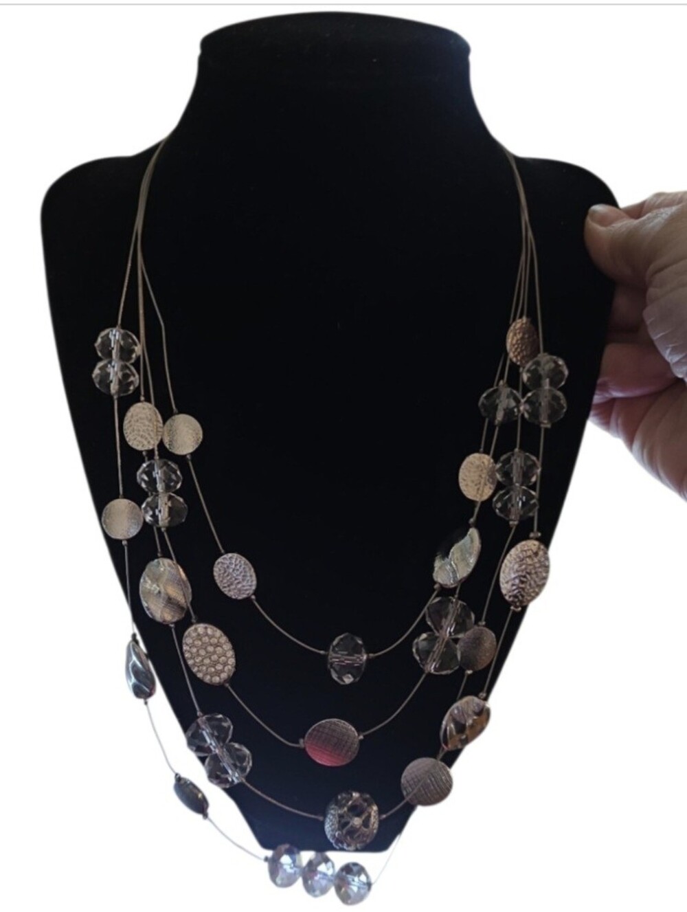 Multi-Strand Silver and Clear Bead Necklace - Fashion Women Jewelry - Picture 2 of 2